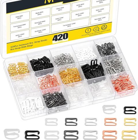 420PCS 8mm/12mm 7 Colors Bra Strap Hooks Kit, 9 Shape Swimsuit Bra Strap Slide Rings Replacement Bathing Suit Clips Clasp Adjustment Slider for Back Slip Dress Swimsuit Tops Lingerie in Saudi Arabia