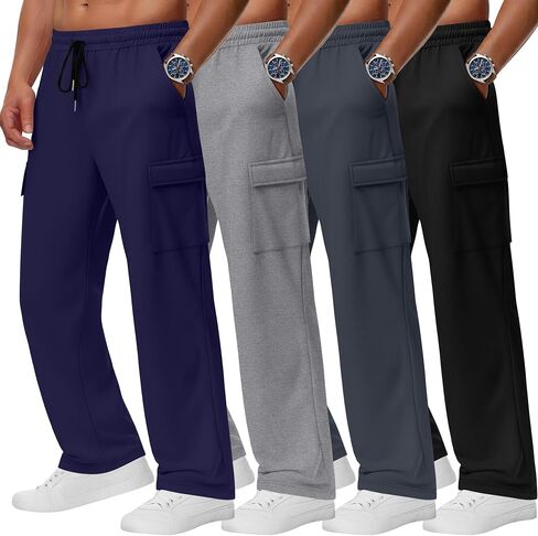4 Pack Men's Cargo Sweatpants Straight Leg Open Bottom Baggy Joggers Pockets Drawstring Lightweight Lounge Pants in Saudi Arabia