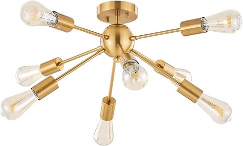 Modern Sputnik Chandelier Lighting 10 Lights Brushed Brass Semi Flush Mount Ceiling Light Gold Mid Century Pendant Lighting by BONLICHT in Saudi Arabia