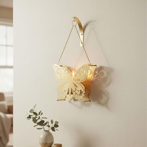 حامل شموع حائط على شكل فراشة من AIM & GGKK، شمعدانات شموع جدارية معدنية، تخريمية عتيقة مع سلسلة، ديكور منزلي لغرفة المعيشة وغرفة النوم والممر in Kuwait