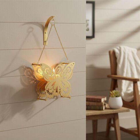 حامل شموع حائط على شكل فراشة من AIM & GGKK، شمعدانات شموع جدارية معدنية، تخريمية عتيقة مع سلسلة، ديكور منزلي لغرفة المعيشة وغرفة النوم والممر in Kuwait