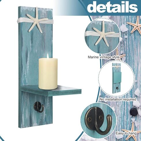 2 Set Starfish Wall Candle Sconces with Towel Hook, Ocean Wall-Mount Candle Holders Coastal Farmhouse Beach Nautical Decorations for Bathroom Hallway Living Room Bedroom Kitchen in Saudi Arabia