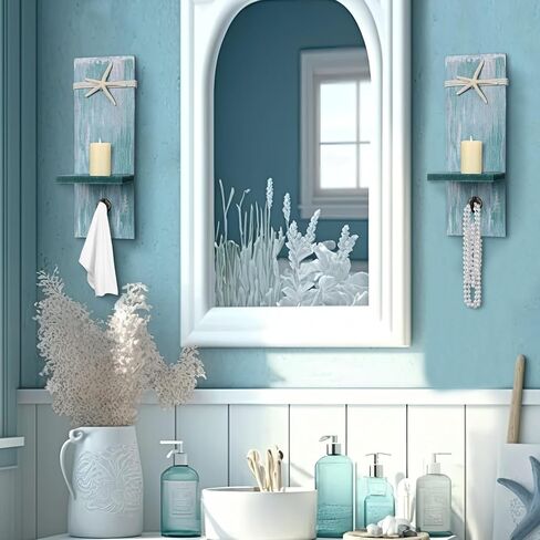 2 Set Starfish Wall Candle Sconces with Towel Hook, Ocean Wall-Mount Candle Holders Coastal Farmhouse Beach Nautical Decorations for Bathroom Hallway Living Room Bedroom Kitchen in Saudi Arabia
