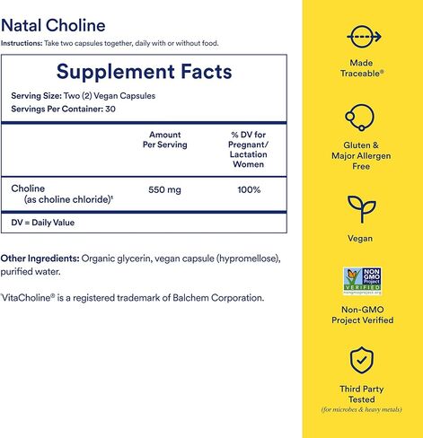 مكملات كولين الولادة الشعائرية: تدعم الوظيفة الإدراكية للطفل عند تناولها أثناء الحمل ومحتوى الكولين في حليب الأم*، شكل مدعوم سريريًا من الكولين عالي الفعالية، كمية تكفي لمدة 30 يومًا in Kuwait