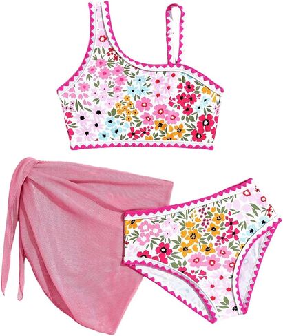 طقم بيكيني Verdusa للفتيات مكون من 3 قطع من ملابس السباحة Boho Floral Sunsuits Thong بيكيني مع تنانير مغطاة in Saudi Arabia