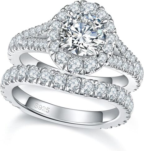 Round/Cushion/Oval Cut Wedding Ring Sets for Women D Color Moissanite Halo Platinum Plated 925 Sterling Silver in Saudi Arabia