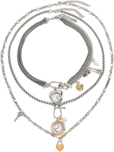 قلادات سلسلة فضية الطبقات للنساء، 3 قطع سلسلة متعددة الخيوط مع قلادات على شكل قلب على مدار الساعة، مشبك ورق مجدول مكدس هدية مجوهرات in Kuwait