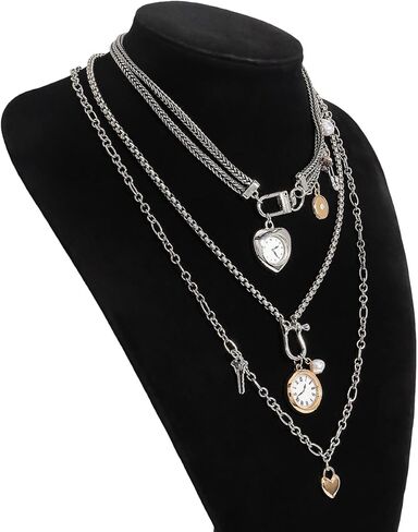 قلادات سلسلة فضية الطبقات للنساء، 3 قطع سلسلة متعددة الخيوط مع قلادات على شكل قلب على مدار الساعة، مشبك ورق مجدول مكدس هدية مجوهرات in Kuwait