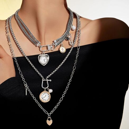 قلادات سلسلة فضية الطبقات للنساء، 3 قطع سلسلة متعددة الخيوط مع قلادات على شكل قلب على مدار الساعة، مشبك ورق مجدول مكدس هدية مجوهرات in Kuwait