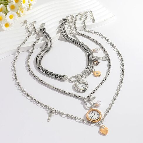 قلادات سلسلة فضية الطبقات للنساء، 3 قطع سلسلة متعددة الخيوط مع قلادات على شكل قلب على مدار الساعة، مشبك ورق مجدول مكدس هدية مجوهرات in Kuwait