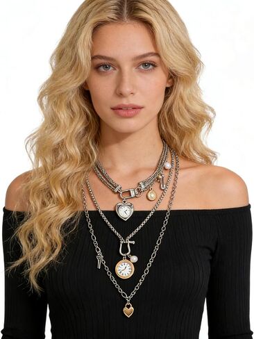 قلادات سلسلة فضية الطبقات للنساء، 3 قطع سلسلة متعددة الخيوط مع قلادات على شكل قلب على مدار الساعة، مشبك ورق مجدول مكدس هدية مجوهرات in Kuwait