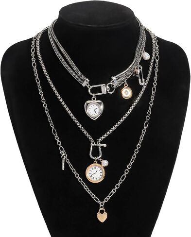 قلادات سلسلة فضية الطبقات للنساء، 3 قطع سلسلة متعددة الخيوط مع قلادات على شكل قلب على مدار الساعة، مشبك ورق مجدول مكدس هدية مجوهرات in Kuwait