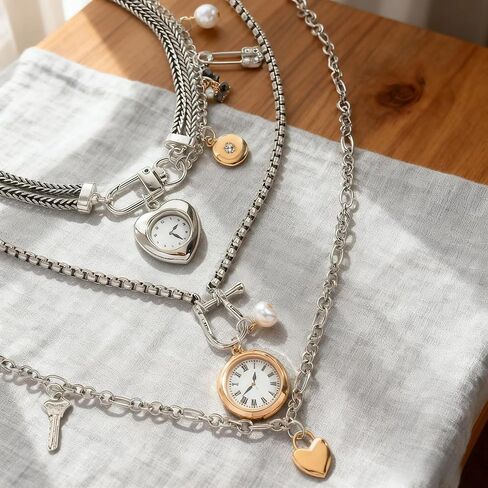 قلادات سلسلة فضية الطبقات للنساء، 3 قطع سلسلة متعددة الخيوط مع قلادات على شكل قلب على مدار الساعة، مشبك ورق مجدول مكدس هدية مجوهرات in Kuwait
