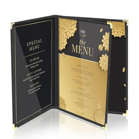Flexzion Menu Covers 8.5 x 11 Inch - Book Style Menu Holders for Restaurant, Hotel, Cafe, Bar & Pubs - Transparent Clear Menu Covers with 3 Page 6 View, (30 Packs) Menu Folders with Gold Metal Corner in Kuwait