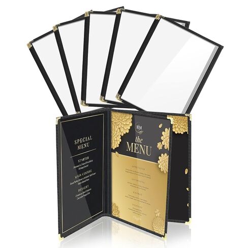 أغطية قائمة Flexzion مقاس 8.5 × 11 بوصة - حاملات قوائم على شكل كتاب للمطاعم والفنادق والمقهى والبارات والحانات - أغطية قائمة شفافة شفافة مع عرض 3 صفحات 6، (30 حزمة) مجلدات قائمة مع زاوية معدنية ذهبية in Kuwait