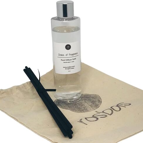 rosbas Egyptian Amber Reed Diffuser Refill Set - Black Reeds - 6 fl oz Bottle in a Drawstring Cotton Bag - High Performance Fiber Reeds - Handcrafted in USA in Saudi Arabia