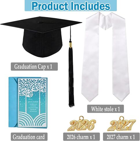 Graduation Cap, White Stole & Graduation Card Set - Adjustable Cap with 2026 Tassel for High School & Bachelor in Saudi Arabia