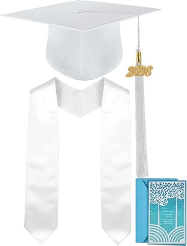 Graduation Cap, White Stole & Graduation Card Set - Adjustable Cap with 2026 Tassel for High School & Bachelor in Saudi Arabia