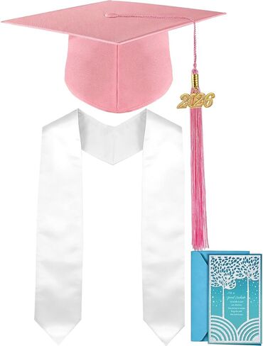 Graduation Cap, White Stole & Graduation Card Set - Adjustable Cap with 2026 Tassel for High School & Bachelor in Saudi Arabia