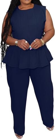 Womens Plus Size 2 Piece Outfits Pants Sets Summer Sleeveless Peplum Tank Tops Wide Leg Pant Suits Matching Sets in Saudi Arabia