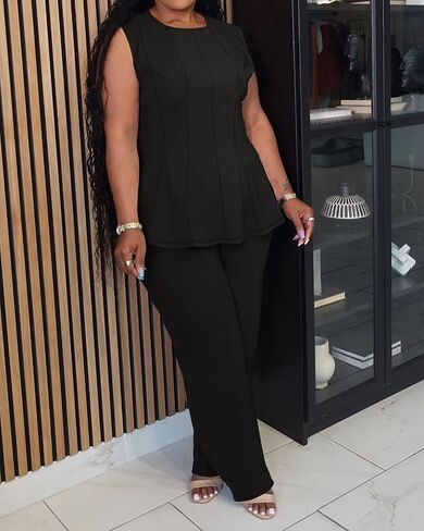 Womens Plus Size 2 Piece Outfits Pants Sets Summer Sleeveless Peplum Tank Tops Wide Leg Pant Suits Matching Sets in Saudi Arabia