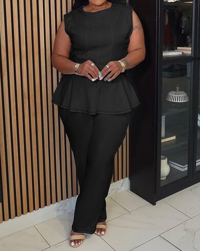 Womens Plus Size 2 Piece Outfits Pants Sets Summer Sleeveless Peplum Tank Tops Wide Leg Pant Suits Matching Sets in Saudi Arabia