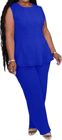 Womens Plus Size 2 Piece Outfits Pants Sets Summer Sleeveless Peplum Tank Tops Wide Leg Pant Suits Matching Sets in Saudi Arabia