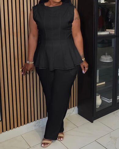 Womens Plus Size 2 Piece Outfits Pants Sets Summer Sleeveless Peplum Tank Tops Wide Leg Pant Suits Matching Sets in Saudi Arabia