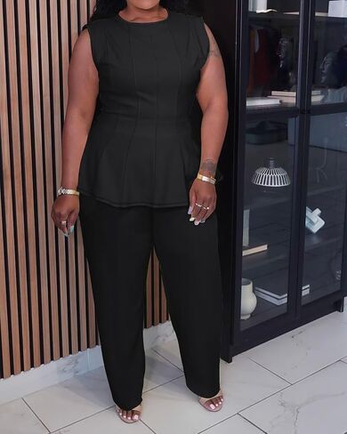 Womens Plus Size 2 Piece Outfits Pants Sets Summer Sleeveless Peplum Tank Tops Wide Leg Pant Suits Matching Sets in Saudi Arabia