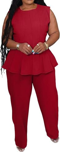Womens Plus Size 2 Piece Outfits Pants Sets Summer Sleeveless Peplum Tank Tops Wide Leg Pant Suits Matching Sets in Saudi Arabia