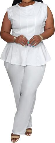 Womens Plus Size 2 Piece Outfits Pants Sets Summer Sleeveless Peplum Tank Tops Wide Leg Pant Suits Matching Sets in Saudi Arabia