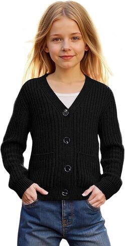 Yesfashion Girls' Cardigans Sweater Long Sleeve Button Down Sweaters V Neck Cable Knit Outerwear with Pockets in Saudi Arabia