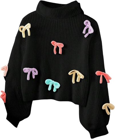 WDIRARA Girl's Bow Turtleneck Sweater Long Sleeve Loose Pullover Knitwear in Saudi Arabia