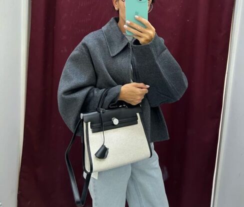 جاكيت نسائي من الصوف المقصوص للشتاء الدافئ من الصوف جاكيت بومبر بسحاب معاطف قصيرة مع جيوب (رمادي-S) in Kuwait