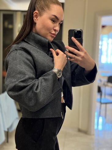 جاكيت نسائي من الصوف المقصوص للشتاء الدافئ من الصوف جاكيت بومبر بسحاب معاطف قصيرة مع جيوب (رمادي-S) in Kuwait