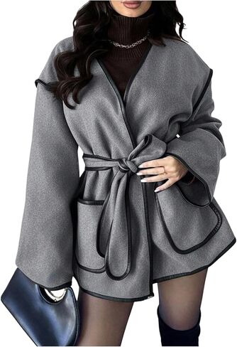 GORGLITTER Women's Oversized Wool Fall Coat Faux Leather Trim Collarless Winter Overcoat with Belt in Saudi Arabia
