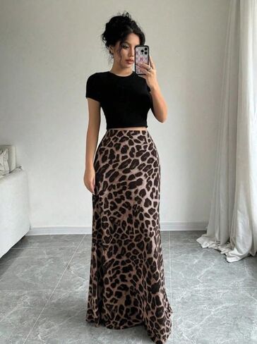 Women's Fashion Leopard Print Skirt, Versatile High Waist A-Line Midi Skirt, Casual Elegant Ladies' Clothing for All Seasons in Saudi Arabia