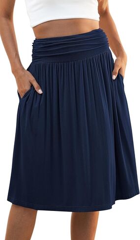 Naggoo المرأة الصيف مرونة عالية الخصر ميدي التنانير Flowy ألين مطوي تنورة طول الركبة مع جيوب S-XXXL in Kuwait