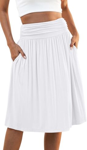 Naggoo المرأة الصيف مرونة عالية الخصر ميدي التنانير Flowy ألين مطوي تنورة طول الركبة مع جيوب S-XXXL in Kuwait