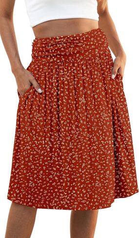 Naggoo المرأة الصيف مرونة عالية الخصر ميدي التنانير Flowy ألين مطوي تنورة طول الركبة مع جيوب S-XXXL in Kuwait