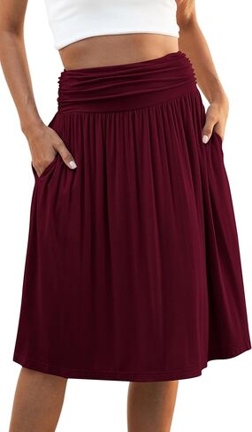 Naggoo المرأة الصيف مرونة عالية الخصر ميدي التنانير Flowy ألين مطوي تنورة طول الركبة مع جيوب S-XXXL in Kuwait