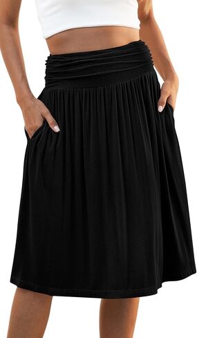 Naggoo المرأة الصيف مرونة عالية الخصر ميدي التنانير Flowy ألين مطوي تنورة طول الركبة مع جيوب S-XXXL in Kuwait