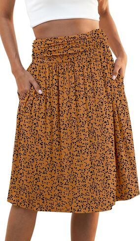 Naggoo المرأة الصيف مرونة عالية الخصر ميدي التنانير Flowy ألين مطوي تنورة طول الركبة مع جيوب S-XXXL in Kuwait
