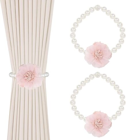 OCIOLI 2 حزمة من ستائر ستائر مغناطيسية لؤلؤية مع ستائر زخرفية مصنوعة يدويًا على شكل زهرة، أربطة ستائر مغناطيسية للستائر (2، وردي) in Kuwait