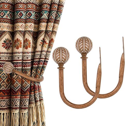 KAMANINA Curtain Holdbacks 2pcs,Imitation Wood Curtain Tiebacks Wall Mounted Curtain Hooks, Holders for Drapes with Leaf Pattern Finials, Wood Grain in Saudi Arabia