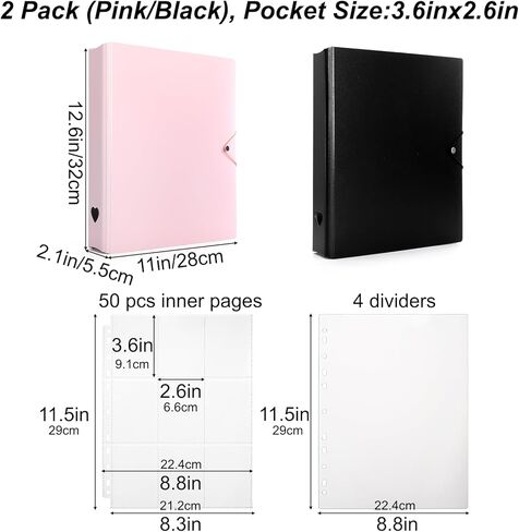 Hacaroa 2 Pack Photocard Binder 4 Rings with 50 Pages 450 Pockets, 2x3" Kpop Photo Card Holder Book A4 Binder, One Sided Card Sleeves Photo Album for Post Cards, Cards Collectors, 2 Colors in Saudi Arabia