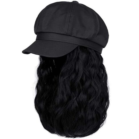 YEKEYI قبعة بيريه مع قبعة موزع الصحف الشعر مع وصلات شعر بوب قبعة شعر مستعار قناع قبعة قصيرة مجعد مموج هيربيسي للنساء in Kuwait
