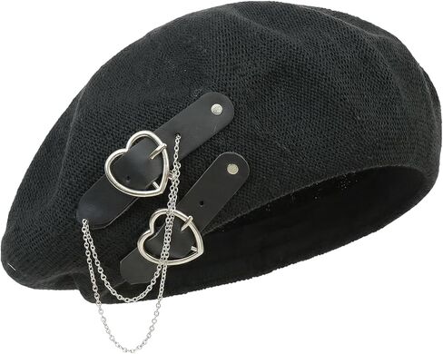 Clobeau Punk Chain Beret Hat with Heart Buckle and Metal Accents Sweet Gothic Beret Newsboy Cap Painters Hat in Saudi Arabia
