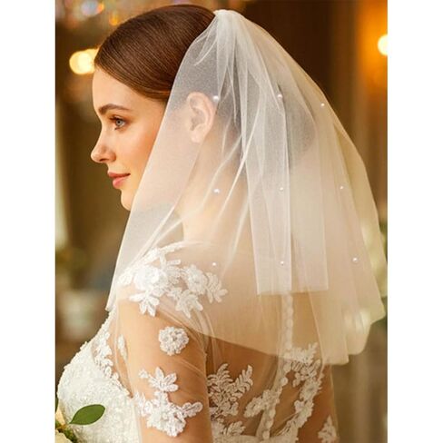 HEREAD Pearl Bride Wedding Veil Short Shoulder Length 2 Tier Bridal Tulle Veils with Comb for Women (Ivory) in Saudi Arabia
