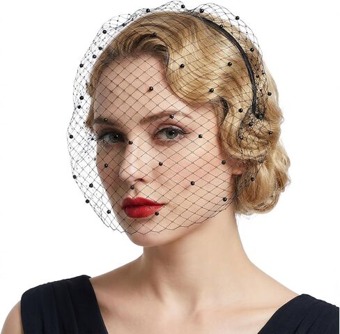 cobee Black Mesh Veil Headband 1920s, Headpiece Birdcage Veil, black vintage pearl Bridal Wedding Tea Party Fascinator for Women in Saudi Arabia